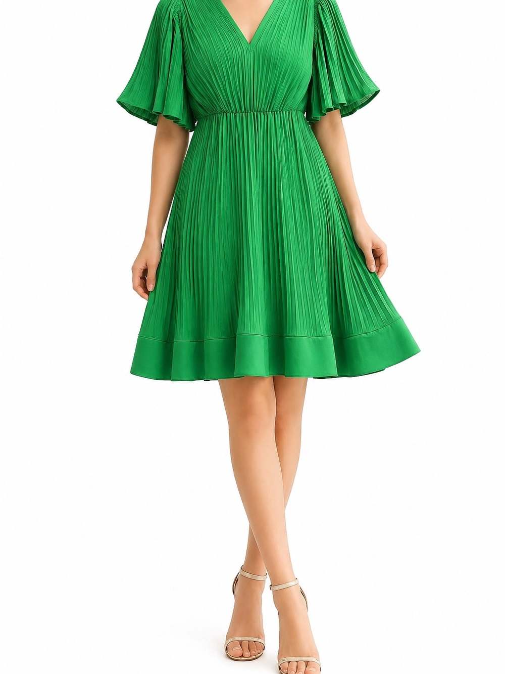 MELLODAY Emerald Green Pleated V-Neck Mini Dress
